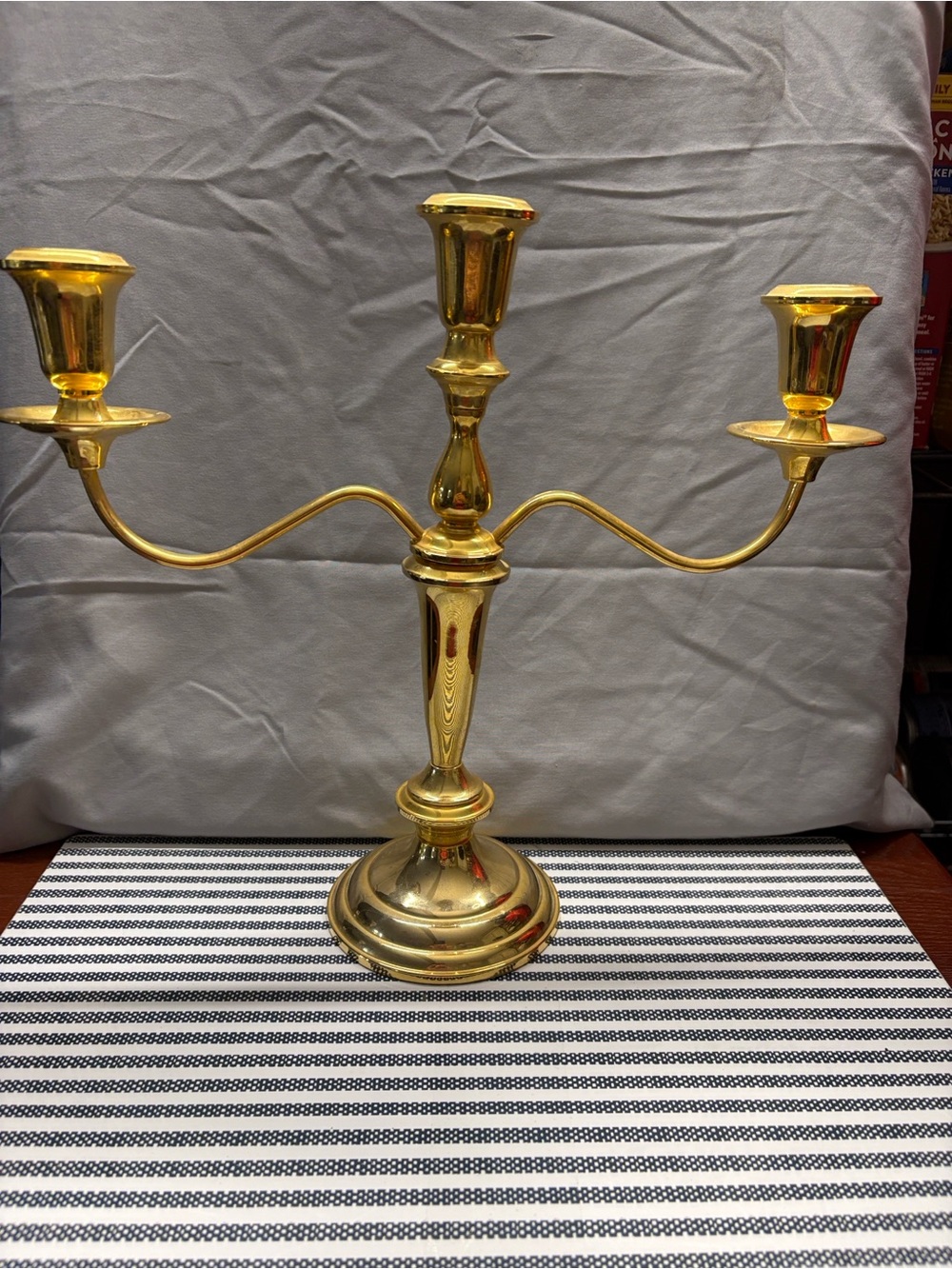 Polished Gold Three-Arm Brass Candelabra
